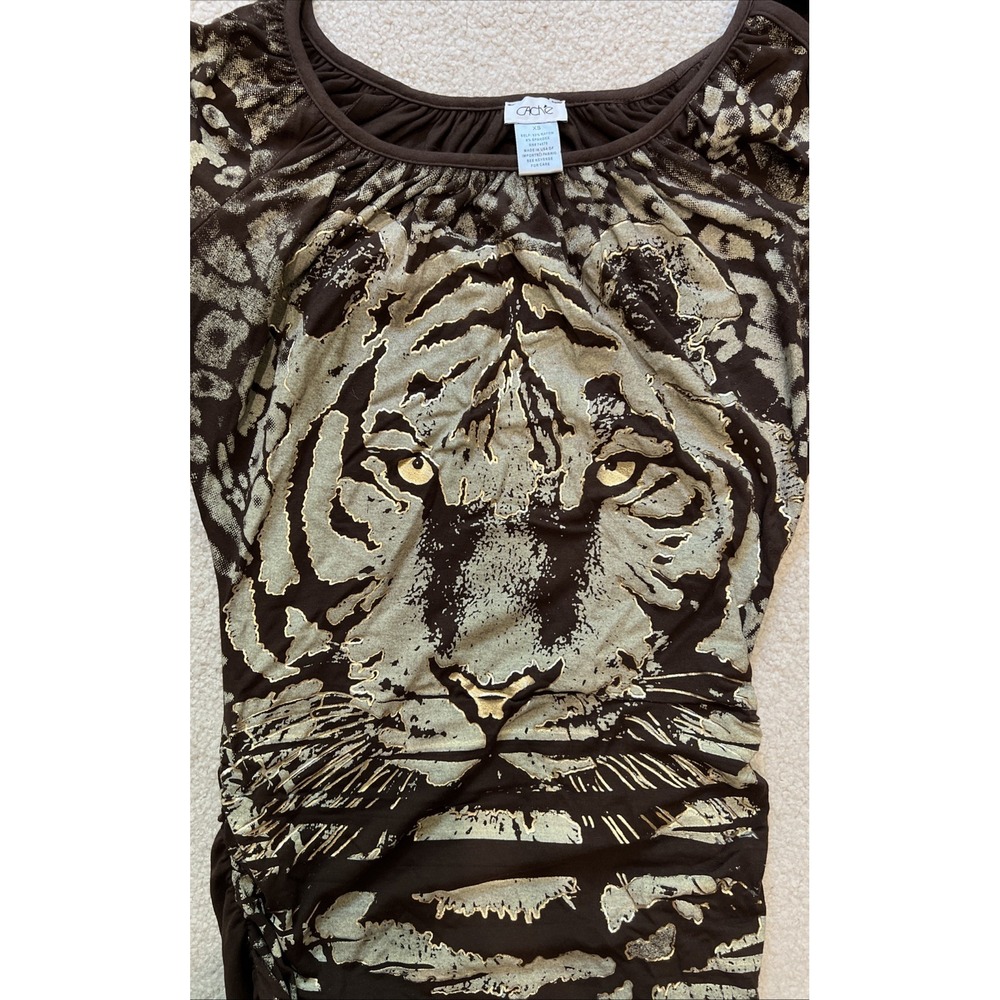 Vintage Cache Tiger Face Bodycon Dress Fierce Wild Brown & Gold‎ Ruched Stretch